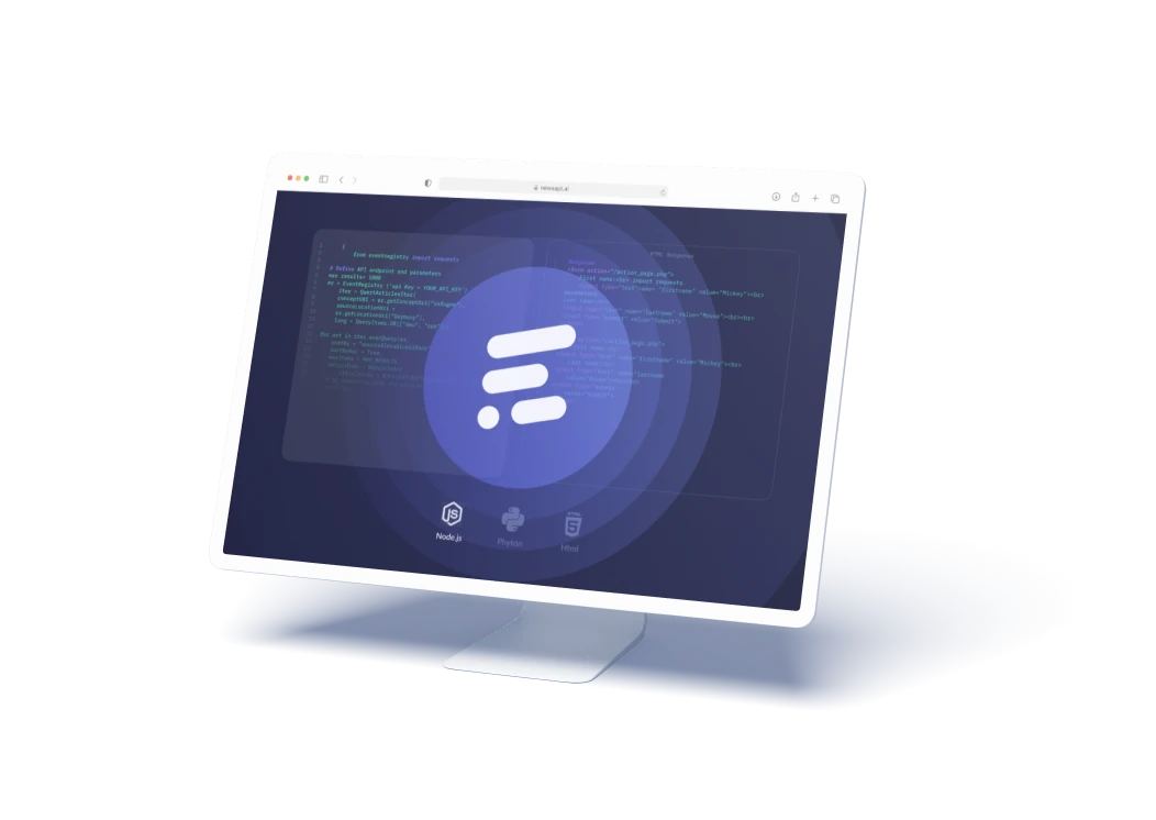 Monitor showing a NewsAPI.ai code example and its JSON response